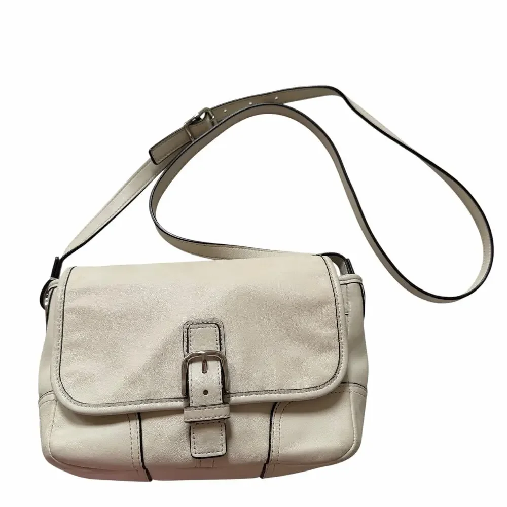 COACH Leather Crossbody Bag Ivory Cream Flap Buckle Vintage Shoulder Purse